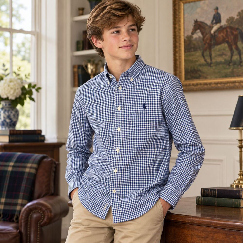 Ralph Lauren Boys L 14-16 Blue White Gingham Button Down Shirt (Women's XS)